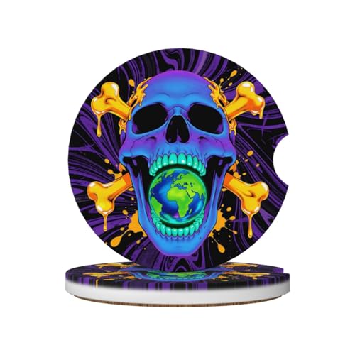 Skull Earth Bones Starry Sky 2 Pack Car Cup Holder Coasters Absorbent Ceramic Drink Coasters 2.56" Universal Anti Slip Cup Mat with Finger Notch Auto Accessories Interior for Women Men - color: Green