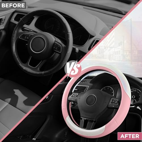 Road Comforts Steering Wheel Cover – Breathable Leather Steering Wheel Cover, Anti-Slip Grip, Universal Fit 14.5” to 15”, Heat & Cold Resistant for Cars, SUVs, and Trucks –Shining White & Pink - color: White&Pink
