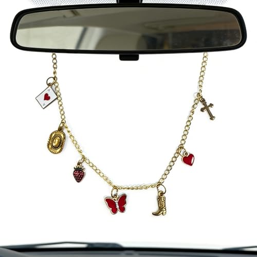Rearview Mirror Charm for Car,Gold Hanging Accessories with Cross Cowboy Hat Poker A Strawberry Butterfly Heart Cowboy Boot,Cars Decor,Christian Faith Car Accessories,Religion Gifts for Drivers - color: Cowboy - Gold