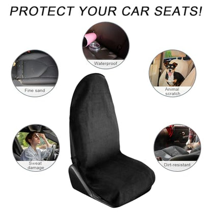 2PCS Car Towel Seat Cover, Waterproof Sweating Non-Slip Premium Soft Towel Carseat Protector, Universal Machine Washable Car Truck SUV Front Seat Cover for Gym Workout Beach Hiking (Black) - color: Black, 2pcs, Front