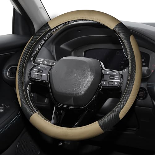 Leather Car Steering Wheel Cover, Universal 15 inch Microfiber Leather Steering Wheel Cover, Anti-Slip Breathable Steering Wheel Decoration, Steering Wheel Accessories for Women Men - color: Black Beige