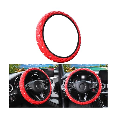 HZEL Bling Elastic Car Steering Wheel Covers, Leather Anti Slip Vehicle Steering Wheel Protector with Crystal Rhinestones, Diamond Auto Interior Decor Accessories, Universal Fit (Red)