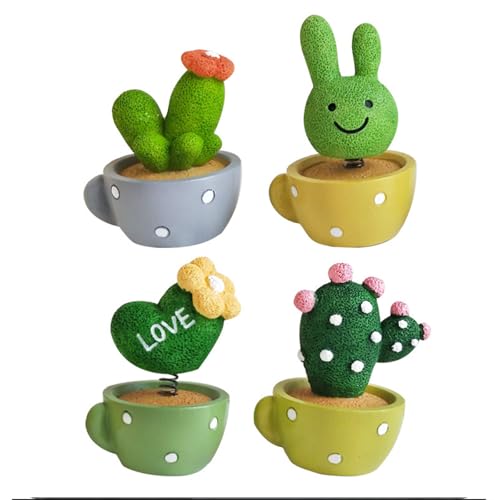 4 PCS Mini Shaking Head Cactus Potted Car Ornaments for Women Spring Dashboard Decor for Car Monitor Kraft Paper Box Packaging - color: Green