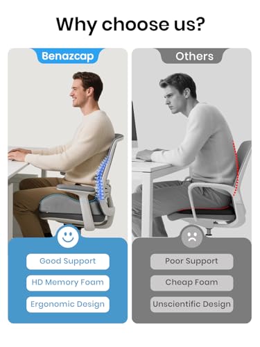 Benazcap Seat Cushion - Memory Foam Car Seat Pad - Sciatica & Lower Back Pain Relief - Car Seat Cushions for Driving - Road Trip Essentials for Drivers, Grey