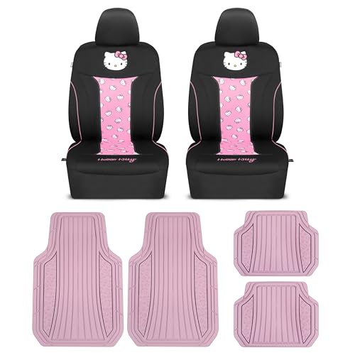 Hello Kitty Car Seat Covers & Rubber Floor Mats Set - Pink Front Seat Covers with 4pc Heavy Duty Non-Slip Car Floor Mats for Cars Trucks SUVs, Cute Hello Kitty Car Accessories for Women Men - color: Covers & Rubber Mats-Pink-Black, style: Hello Kitty