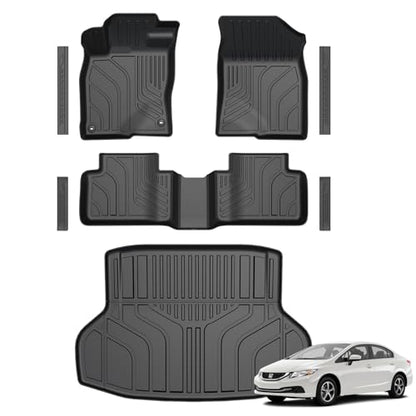 Floor Mats for Honda Civic Sedan 2012-2015, All Weather Floor Mats Trunk Cargo Liner and Door Sill Guards Accessories, Full Coverage Set (Not fit Coupe or Hybrid Models) - style: For Honda Civic | 2012-2015