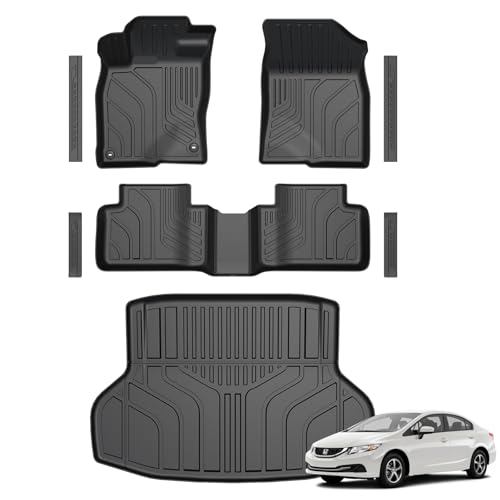 Floor Mats for Honda Civic Sedan 2012-2015, All Weather Floor Mats Trunk Cargo Liner and Door Sill Guards Accessories, Full Coverage Set (Not fit Coupe or Hybrid Models) - style: For Honda Civic | 2012-2015