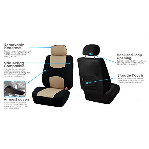 FH Group Full Set Cloth Car Seat Covers - Universal Fit, Low Back Front Seat Covers, Airbag Compatible, Split Bench Rear Seat, Washable Seat Cover for SUV, Sedan, Van, Beige - color: Beige, style: Full Set