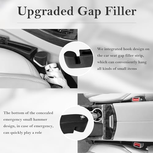 Car Seat Gap Filler 2 Pack with Organizer Hook & Emergency Glass Breaker Prevent Small Items & Tools from Falling Ultimate Seat Side Gap Fits Cars, SUVs, Trucks & Sedans - color: Black