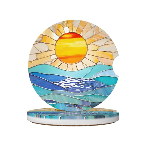 Beach Sunset Stained Glass Ocean Car Cup Holder Coasters 2 Pack Universal 2.63 Inch Anti Slip Ceramic Absorbent Coaster with Cork Base and Finger Notch Cute Car Accessories Interior for Women - color: Orange