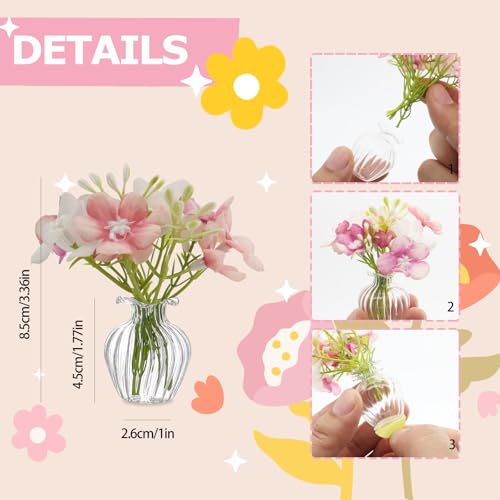 Artificial Cherry Blossoms with Mini Glass Vase for Car Dashboard Office Desk Decor,Pink White Flower Bouquets,Cute Car and Office Decoration Aesthetics