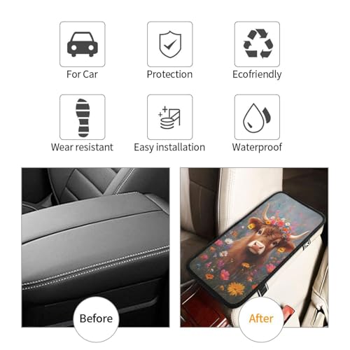 Universal Car Center Console Cushion Pad, Cute Highland Cow Flowers Soft Waterproof Car Center Console Cover Auto Armrest Seat Box Cover Protector for Most Vehicle SUV Truck Car - color: Cute Highland Cow Flowers