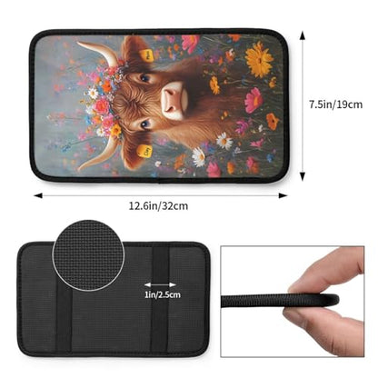 Universal Car Center Console Cushion Pad, Cute Highland Cow Flowers Soft Waterproof Car Center Console Cover Auto Armrest Seat Box Cover Protector for Most Vehicle SUV Truck Car - color: Cute Highland Cow Flowers