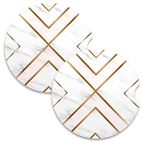 Car Coasters for Cup Holders, 2 Pack Absorbent Ceramic Car Cup Holder Coaster for Drinks, Cute Auto Assecories for Women Men, Size 2.56 in with Finger Notch & Cork Base, White Gold Line - color: White Gold Line
