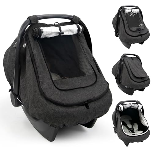 TinlyFinly Waterproof Car Seat Cover for Baby, 2-Layer Car Seat Rain Cover with Clear Window & Sunshade & Mesh Cover, Universal Infant Carseat Canopy for Stroller, Protect from Rain and Snow - Black - color: Black