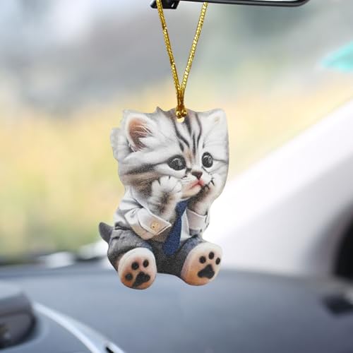 2D Flat Cat Car Rear View Mirror Charm, Acrylic Car Rear View Mirror Hanging Ornament, Christmas Tree Decoration Present, Auto Interior Pendant Accessories for Window (Grey Cat) - color: Grey Cat