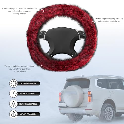 Fluffy Steering Wheel Cover, 15 Inch Anti-Slip Microfiber Plush Fuzzy Steering Wheel Cover, Winter Warm Elastic Fuzzy Steering Wheel Covers for Women and Men, Car Accessories (Red) - color: Red