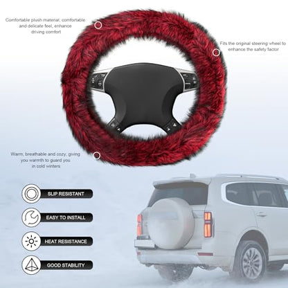 Fluffy Steering Wheel Cover, 15 Inch Anti-Slip Microfiber Plush Fuzzy Steering Wheel Cover, Winter Warm Elastic Fuzzy Steering Wheel Covers for Women and Men, Car Accessories (Red) - color: Red