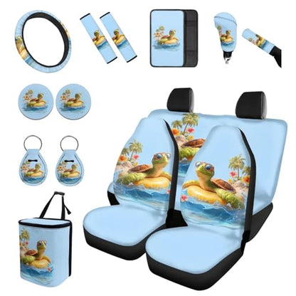 Forchrinse 15Pack Car Accessories Set Hawaiian Sea Turtle Car Seat Cover Full Set+Steering Wheel Cover+Car Trash Can+Seatbelt Cover+Coaster+Keychain - color: Hawaiian Sea Turtle Print