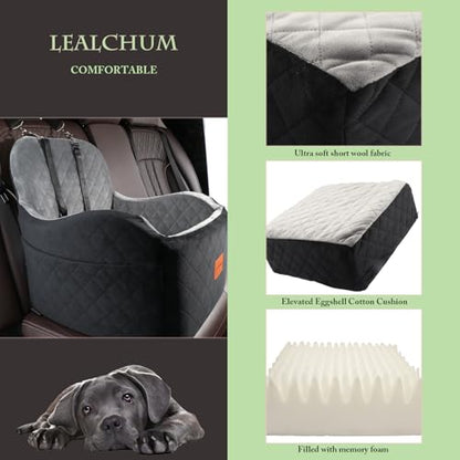 Lealchum Dog Booster Car Seat for S/M Dogs Up to 35lbs,Soft 6in Elevated Cushion,Fits in Front/Back Seat,Fully Detachable and Washable,2 Storage Pockets & 3 Straps,Easy to Install (Black/Brown,Medium) - color: Black/Brown