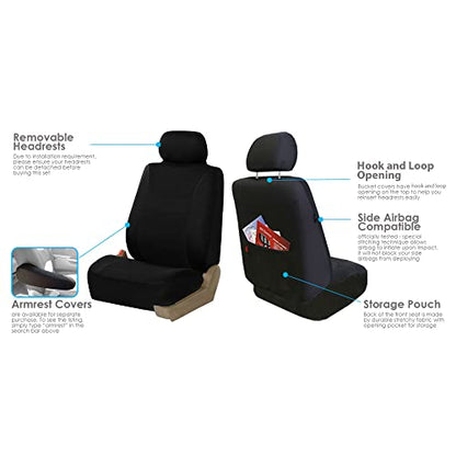FH Group Light & Breezy Flat Cloth Cars Seat Covers Combo Steering Wheel Cover & Seat Belt Pads, Airbag and Split Rear Universal Fit Interior Accessories Cars Trucks SUV 7 Seater Three Row Set Black - color: Black