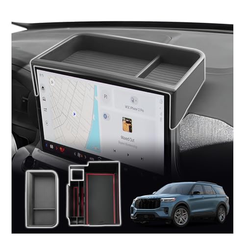 2PCS for 2025 2026 Ford Explorer Screen Back Tray + Center Console Organizer (Red Mat) for Ford Explorer 2025 2026 Accessories - color: 25 26 Explorer Armrest Tray(Red Mats)+Dash Tray