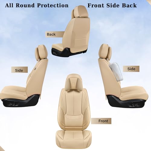 Coverado Universal Seat Covers Front, 2-Pack Universal Seat Covers for Cars, Waterproof Nappa Leather Car Seat Covers with Head Pillow, Auto Protectors Fit for Most Sedans SUV Pick-up Truck-Beige