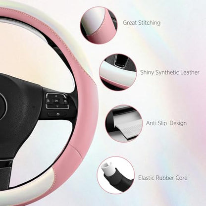 Road Comforts Steering Wheel Cover – Breathable Leather Steering Wheel Cover, Anti-Slip Grip, Universal Fit 14.5” to 15”, Heat & Cold Resistant for Cars, SUVs, and Trucks –Shining White & Pink - color: White&Pink