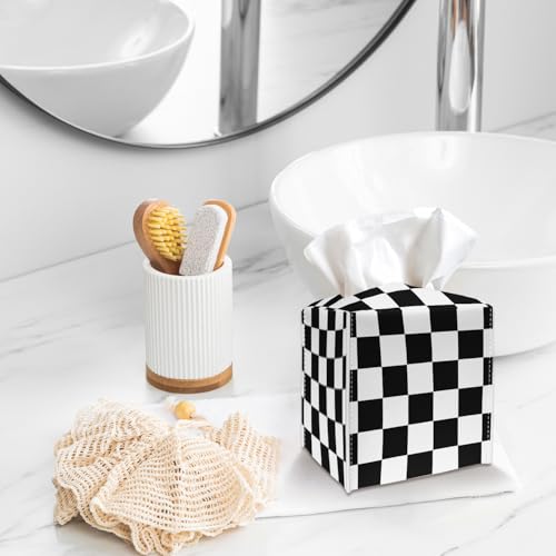 Tissue Box Cover Holder - Black and White Checkerboard PU Leather Tissue Box Cover with Bottom Belt, Square Facial Paper Organizer for Tabletop, Bathroom, Kitchen, Car & Office -049 - color: Black and White Checkerboard
