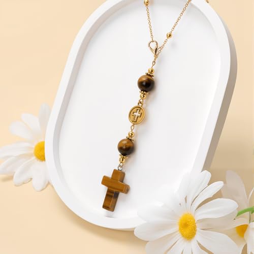 Cross Crystal Hanging Car Charm,Cute Healing Stones Car Decor for Rear View Mirror Boho Handmade Sun Catcher Ornament Accessories Tiger Eye Crystal Protection for Women