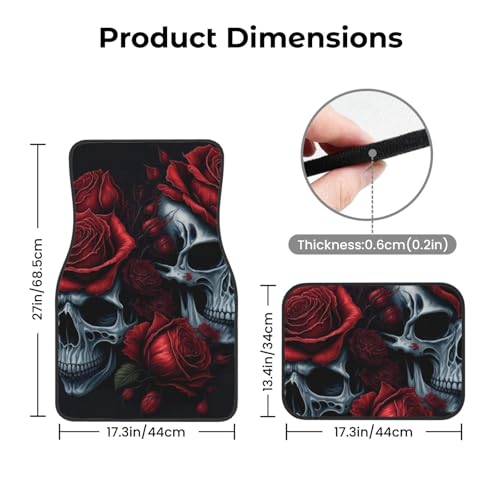Red Roses Skull A Set of Four Printed Car Floor Mats, Including Front and Rear Carpet Floor Mats, Universal Car Floor Mats, and Truck Accessories