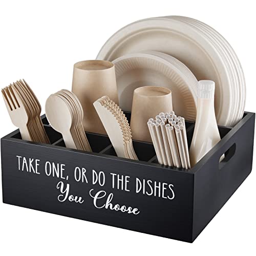 ALELION Paper Plate Dispenser for Countertop - Wooden Utensil Holder Organizer for Party - Silverware Caddy for Plate, Cup, Fork, Spoon - Cutlery Holder with Handles for Kitchen Camping Buffet - style: Black