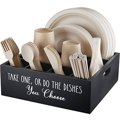 ALELION Paper Plate Dispenser for Countertop - Wooden Utensil Holder Organizer for Party - Silverware Caddy for Plate, Cup, Fork, Spoon - Cutlery Holder with Handles for Kitchen Camping Buffet - style: Black