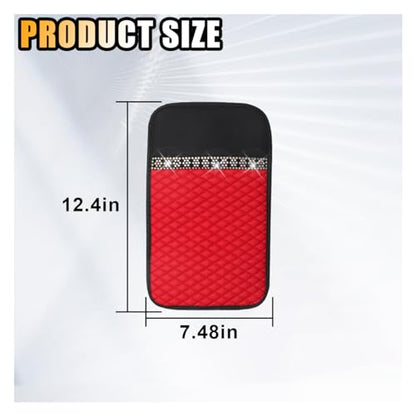 Bling Leather Car Armrest Seat Box Cover, Car Console Armrest Cover with Crystal Rhinestones, Anti-Scratch Waterproof Auto Center Console Protector Cushion Pad for Car SUV Truck (Red) - color: Red