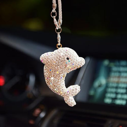 Bling Dolphin Car Hanging Ornament, Cute Crystal Rear View Mirror Pendant, Diamond Rearview Mirror Charms, Lucky Car Interior Decor Accessories (White)