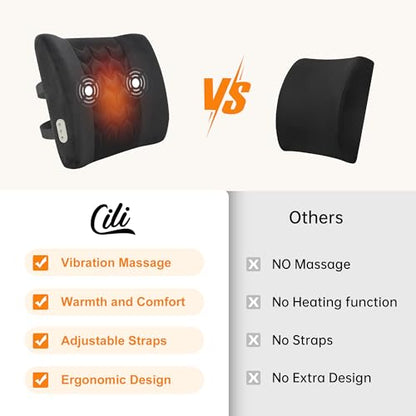 CILI Lumbar Support Pillow for Office Chair, Heated Back Support Pillow with Vibration, Back Massager for Chair, Back Rest Cushion Pillow for Desk Chair Sofa, Gifts for Mom Dad Women Men
