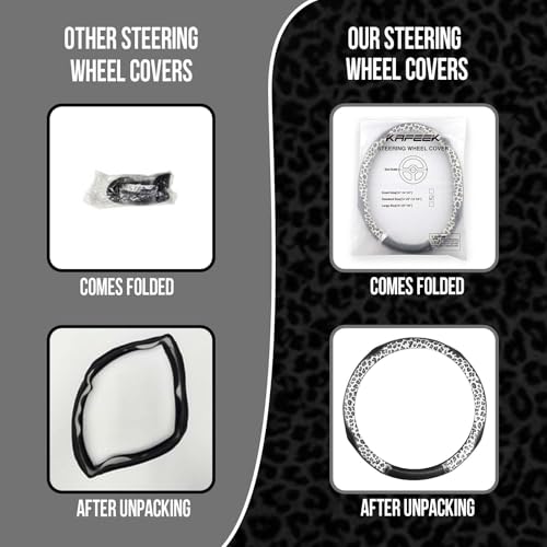 KAFEEK Leopard Print Steering Wheel Cover for Women, Classy Carbon Fiber and Soft Microfiber Leather, 15 Inch Universal Car Wheel Protector, Aesthetic Off-White Cheetah Print, Anti-Slip & Breathable