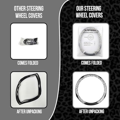 KAFEEK Leopard Print Steering Wheel Cover for Women, Classy Carbon Fiber and Soft Microfiber Leather, 15 Inch Universal Car Wheel Protector, Aesthetic Off-White Cheetah Print, Anti-Slip & Breathable