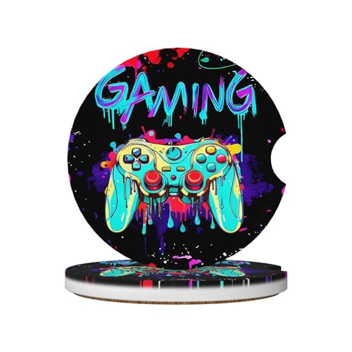 Game Car Cup Holder Coasters 2 Pack Universal 2.63 Inch Anti Slip Ceramic Absorbent Coaster with Cork Base and Finger Notch Cute Car Accessories Interior for Women - color: Turquoise