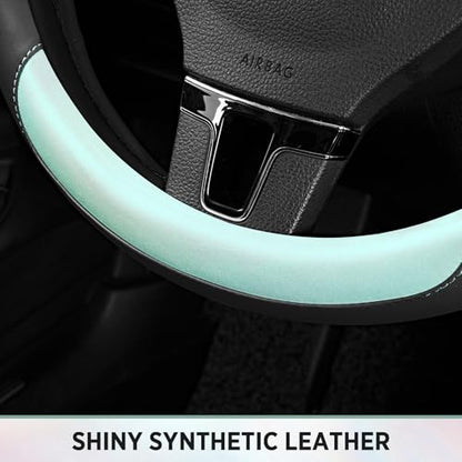 Road Comforts Steering Wheel Cover – Breathable Leather Steering Wheel Cover, Anti-Slip Grip, Universal Fit 14.5” to 15”, Heat & Cold Resistant for Cars, SUVs, and Trucks – Black & Shining Light Blue - color: Black&Light Blue