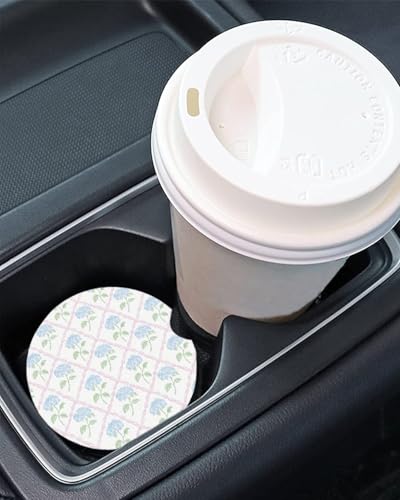 Car Coasters for Cup Holders Set of 2 – Blue Hydrangea Trellis Cup Holder Inserts with Finger Notch – Preppy Grandmillennial Cute Car Accessories for Women - color: White