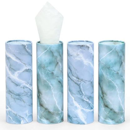 Car Tissue Holder (4 PK) - 50 3-Ply Tissues Cylinder, Fits Car Cup Holders, Portable Travel Tubes Box Container, Marble Design, Round Tissue Container for Car Accessories - style: Marble