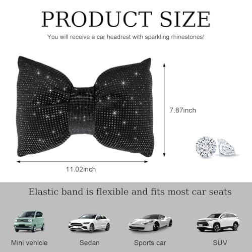Bling Car Seat Neck Pillow, Soft Bling Bowknot Headrest Neck Support Rest Cushion, Neck Relax Head Rest Auto Pillow with Crystal Rhinestone for Women, Car Accessories (Black) - color: Black