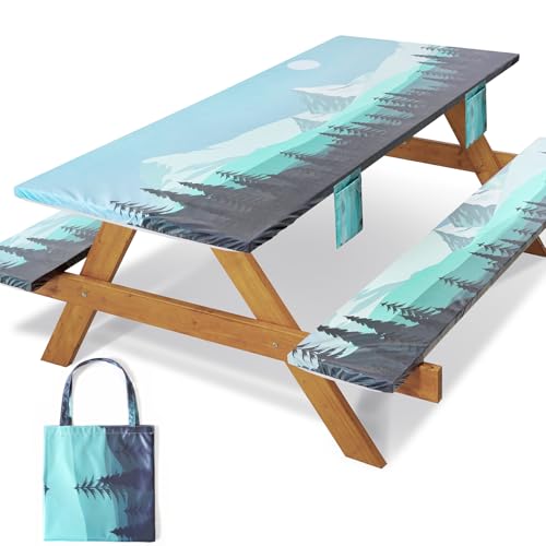 Fitted Picnic Table Cover with Bench Covers Elastic Water Proof Outdoor Camping Tablecloth for 8 Foot Rectangle Tables Roadtrip Summer Organization Rv Car Essential Holiday Gifts for Campers - color: Blue Mountains Rivers, size: 96*30Inch