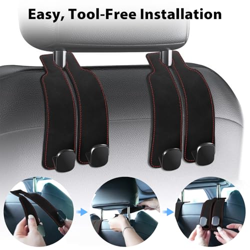 Headrest Hooks for Car, Purse Hook for Car, Premium Leather Twin Hook Car Seat Hooks, Double Hook Seat Back Storage Organizer for Purses, Bags, SUV, Truck, Vehicle, 2 Pack, Black - color: Black
