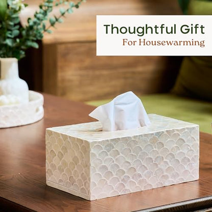 CHI AN HOME Rectangular Capiz Tissue Box Cover, Decorative Mother of Pearl Inlay Tissue Box Holder for Bedroom, Bathroom, Kitchen, and Office, Rectangle Tissue Box Cover White (10.25” x 5.9” x 4.33”) - size: Rectangular