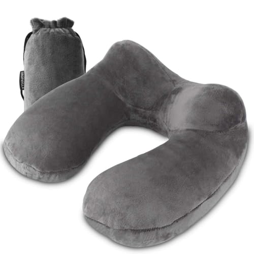 Inflatable Travel Pillow, Soft Velvet Inflatable Neck Pillow for Traveling, Airplanes, Train, Car, Office with Compact Bag, Breathable Washable Cover, Suit for Adults Sleeping - Grey - color: Grey