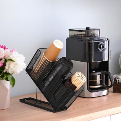 Paper Cup and Lid Holder with Straw Organizer for Countertop Coffee Station Bar Restaurant Breakroom, Metal Midsize Disposable Coffee Cup Dispenser for Plastic Cup Lid Straw, Black