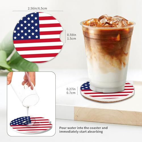 COYEUX Absorbent Car Cup Holder Coaster 2 Pack, Funny Car Accessories Interior, 2.56" Cute Car Coasters with a Finger Notch for Women & Men American Flag
