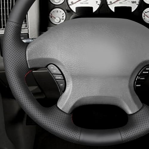 MEWANT Hand Stitch Black Faux Leather Steering Wheel Cover Wrap for Dodge Ram 1500 2002-2003 Dodge Ram 1500 - color: Black Faux Leather&Red Stripe&Red Thread